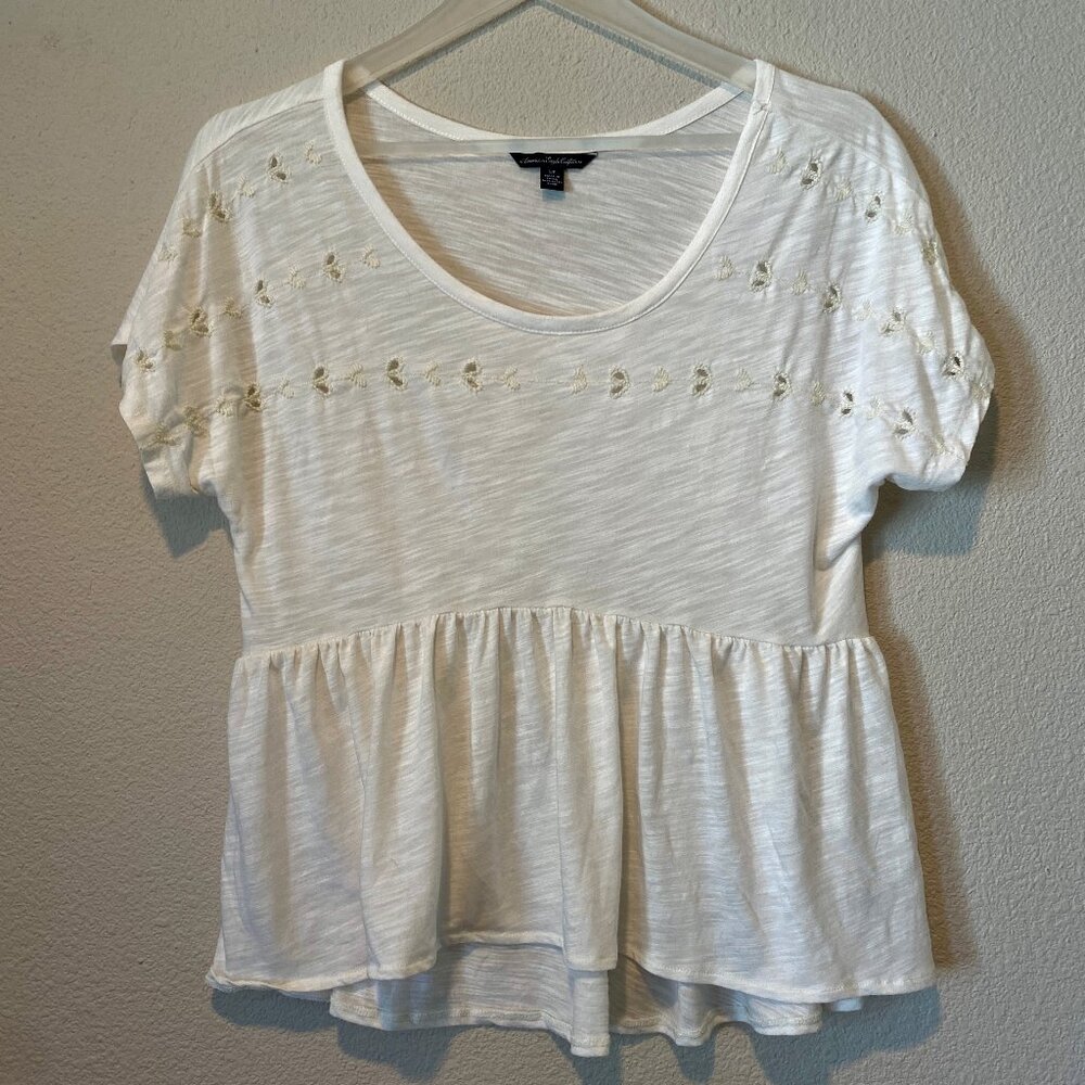 American Eagle White Babydoll‎ T-Shirt Eyelet Embroidered Small